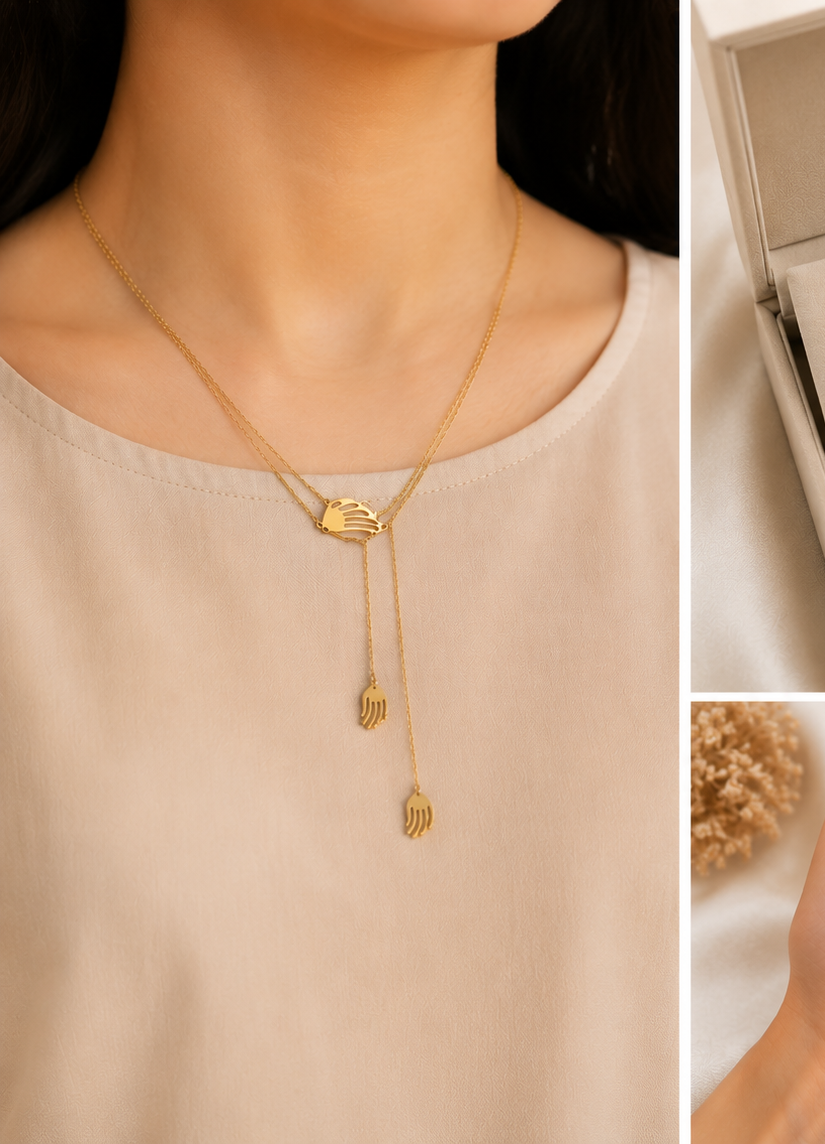 Gold Stainless Steel Lariat Necklace with Dual Chain Drop Pendant