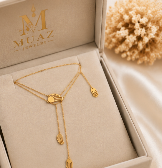 Gold Stainless Steel Lariat Necklace with Dual Chain Drop Pendant