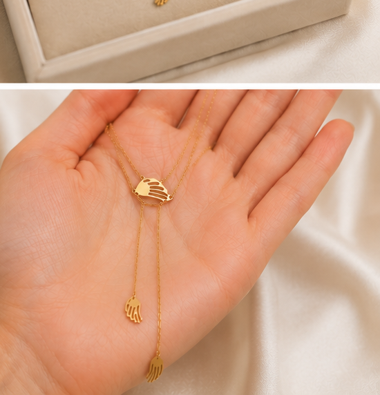 Gold Stainless Steel Lariat Necklace with Dual Chain Drop Pendant