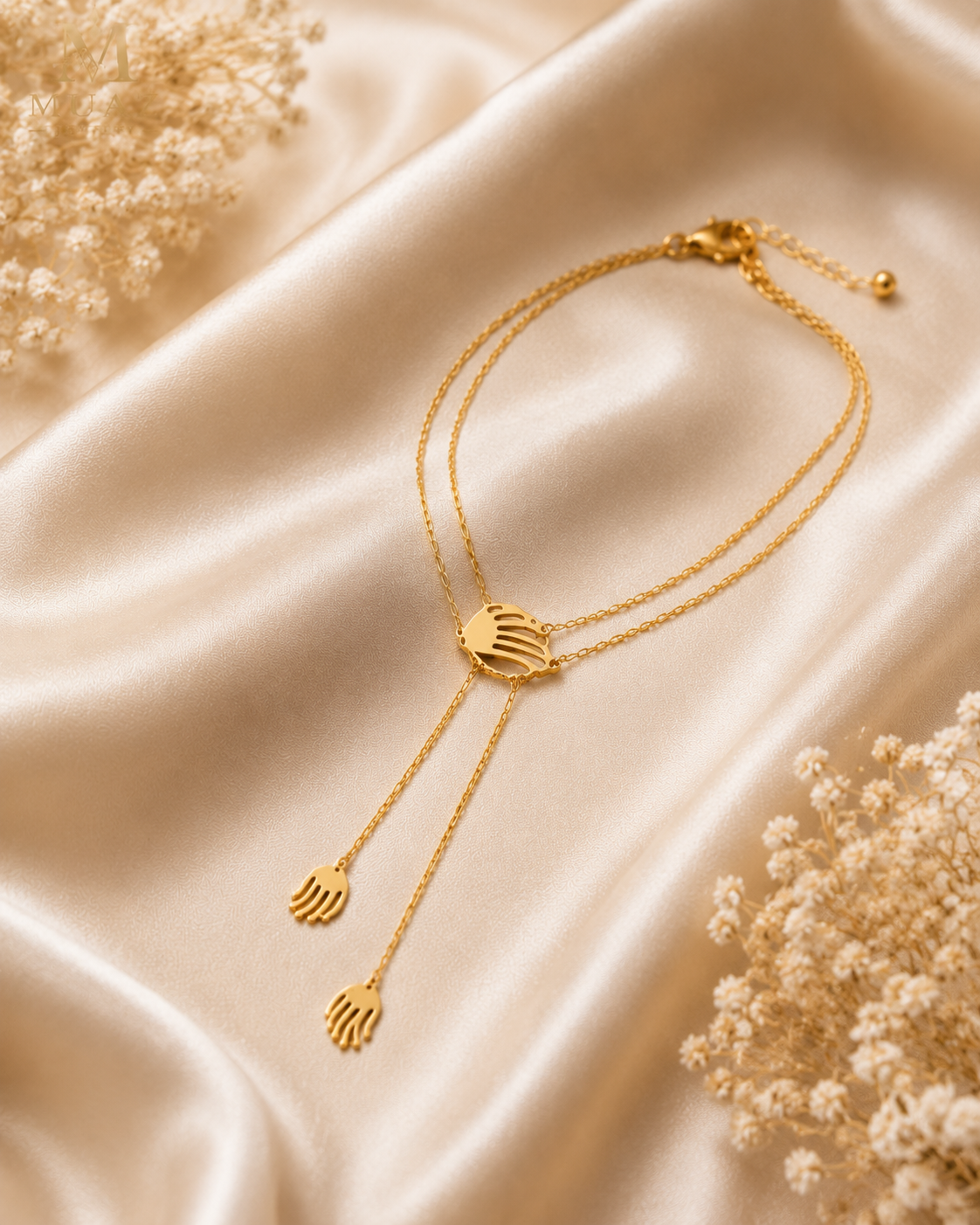 Gold Stainless Steel Lariat Necklace with Dual Chain Drop Pendant