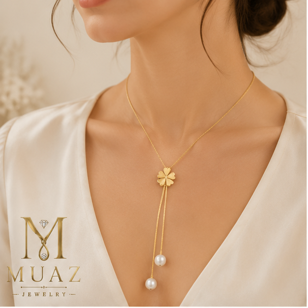 Gold Butterfly Lariat Necklace with Pearl Drops – Elegant Stainless Steel Minimal Jewelry