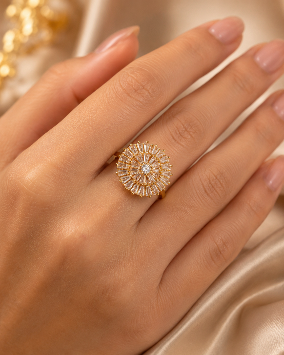 adjustable-Radiant Gold Sunburst Crystal Ring