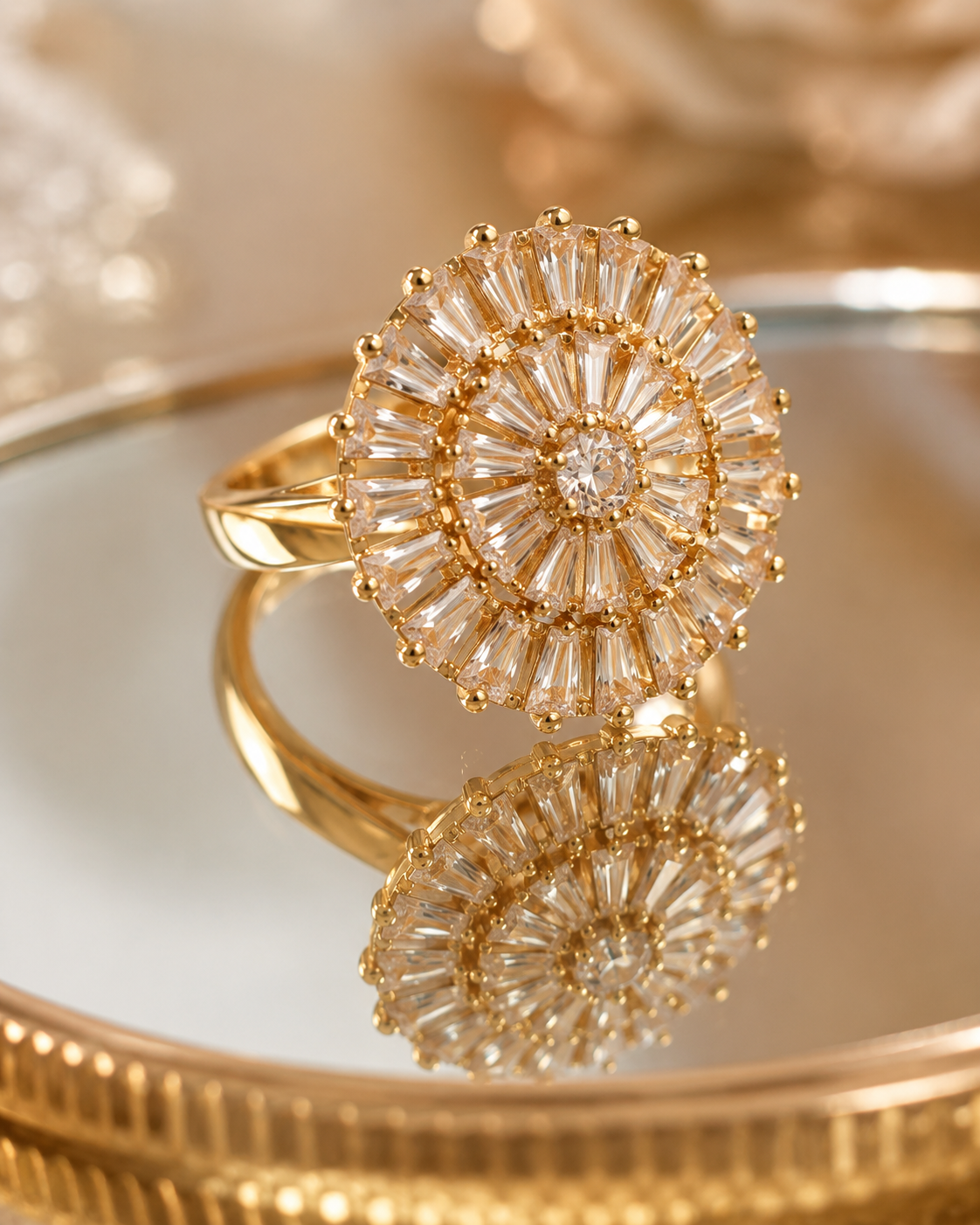 adjustable-Radiant Gold Sunburst Crystal Ring