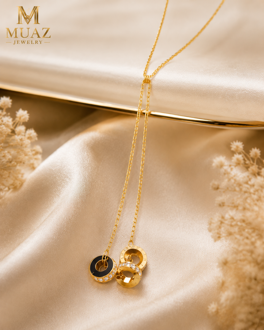 Gold Stainless Steel Lariat Necklace with Dual Interlocking Circle Pendant