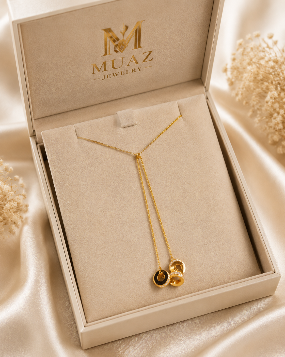 Gold Stainless Steel Lariat Necklace with Dual Interlocking Circle Pendant