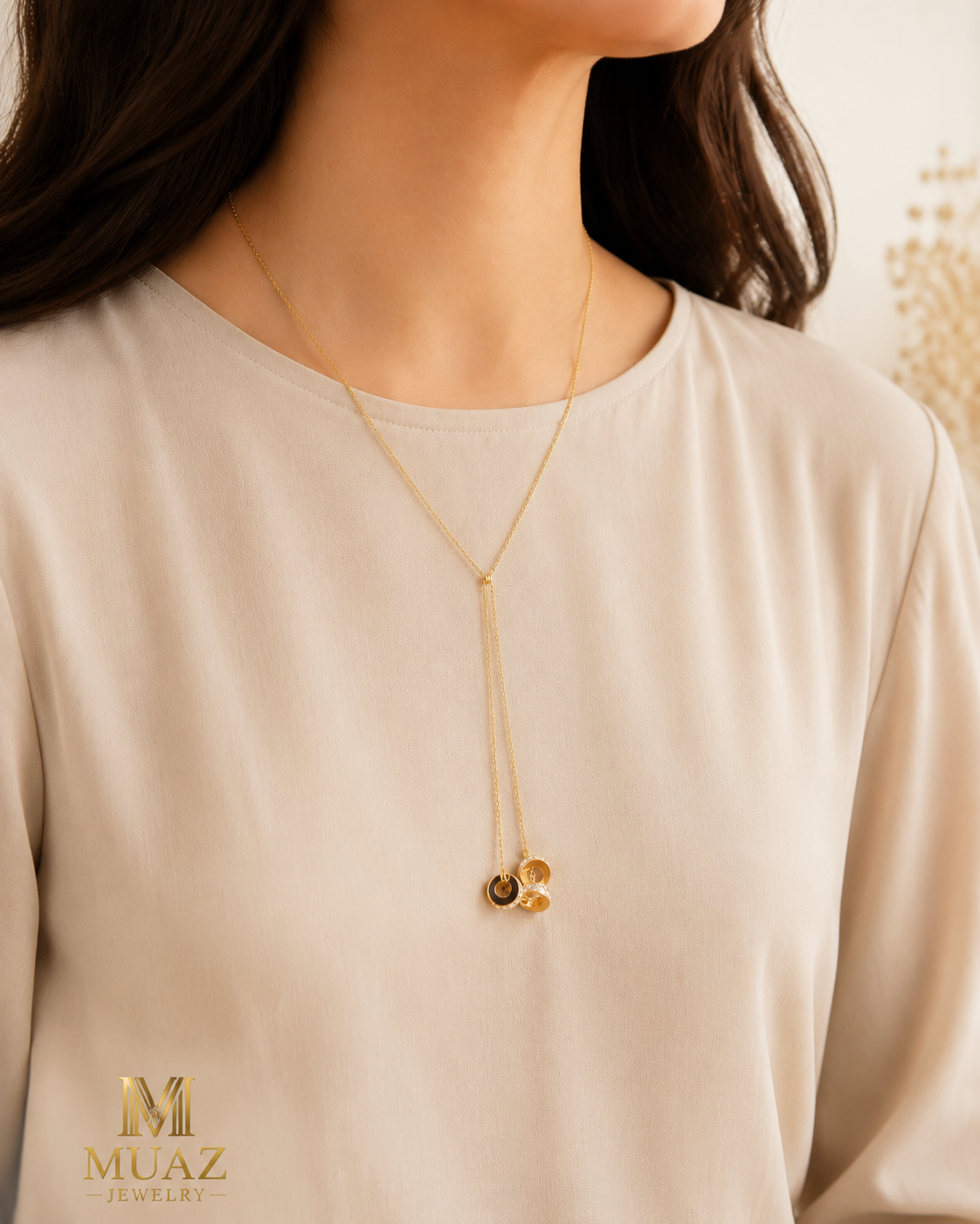 Gold Stainless Steel Lariat Necklace with Dual Interlocking Circle Pendant