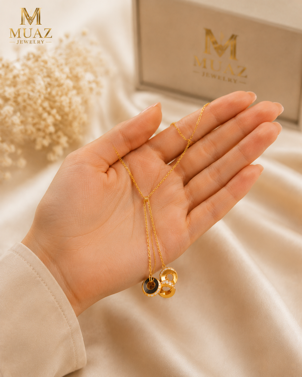 Gold Stainless Steel Lariat Necklace with Dual Interlocking Circle Pendant